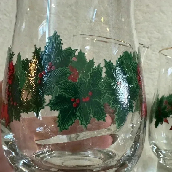 6 Vintage Libbey Christmas Holly Berry Wreath Garland Red Bow Glasses Gold Trim - Picture 3 of 15